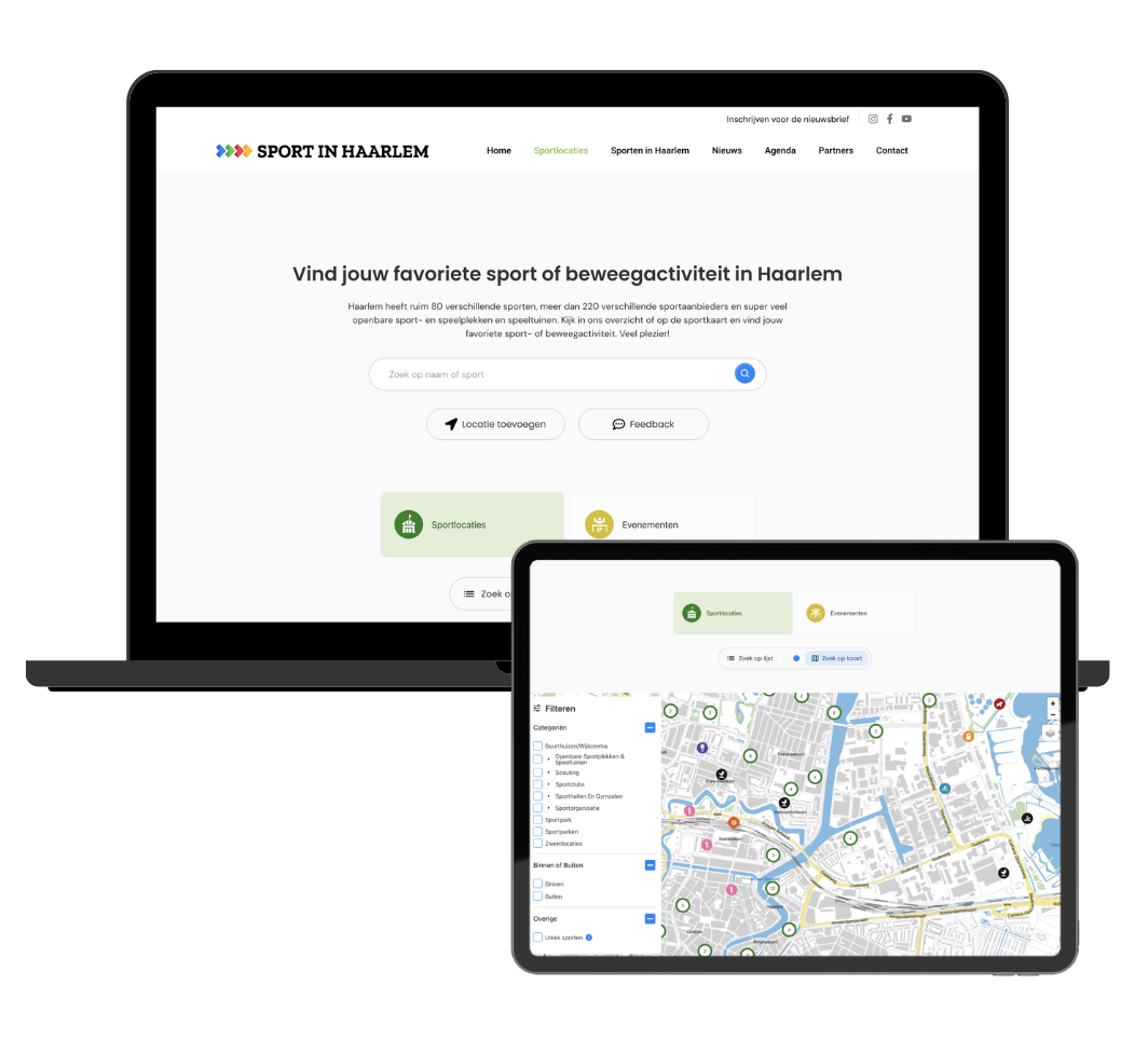 Mockup of the Sport in Haarlem Sportkaart page, on a laptop and ipad.