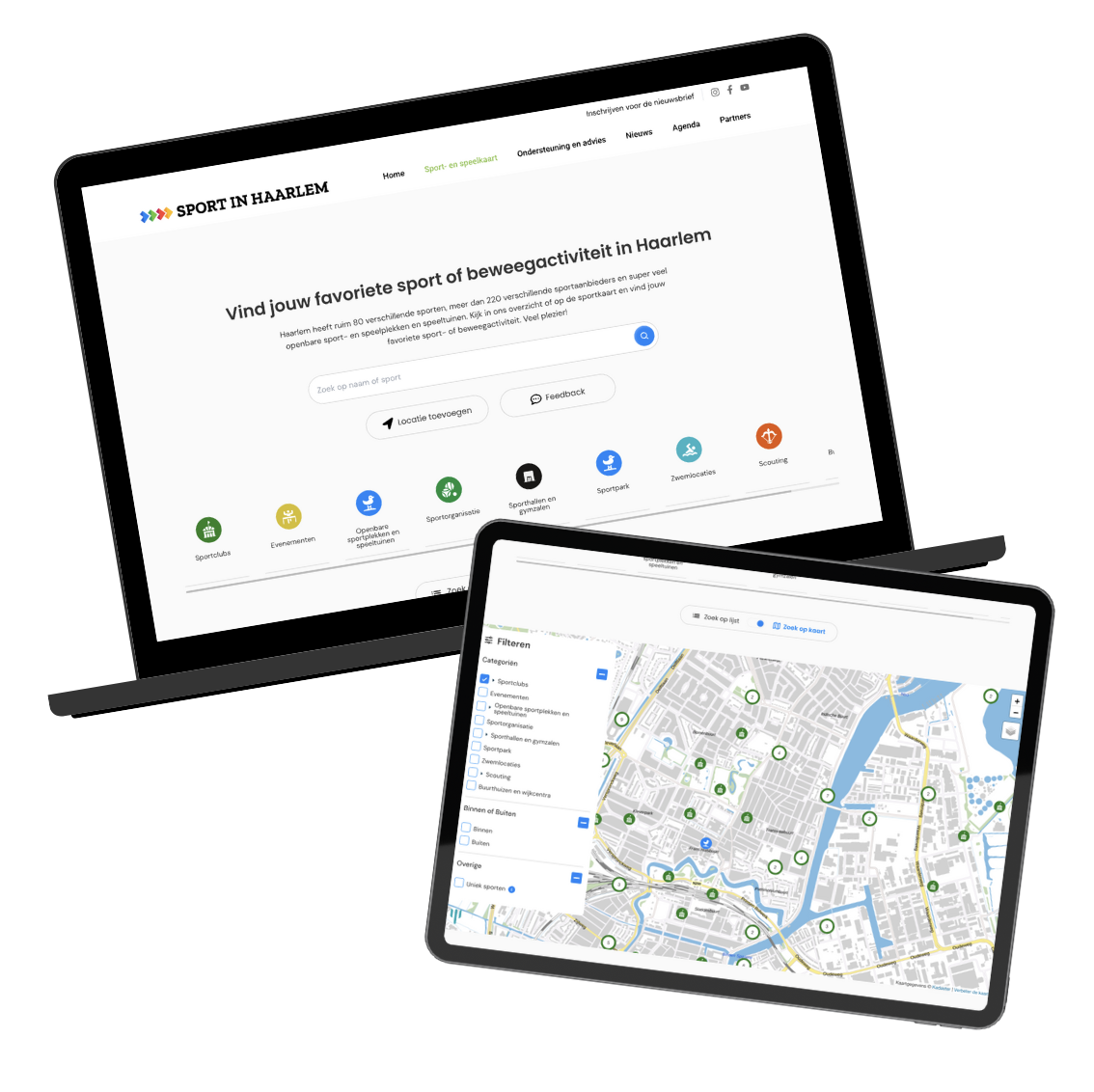 Mockup of the Sport in Haarlem Sportkaart page, on a laptop and ipad.